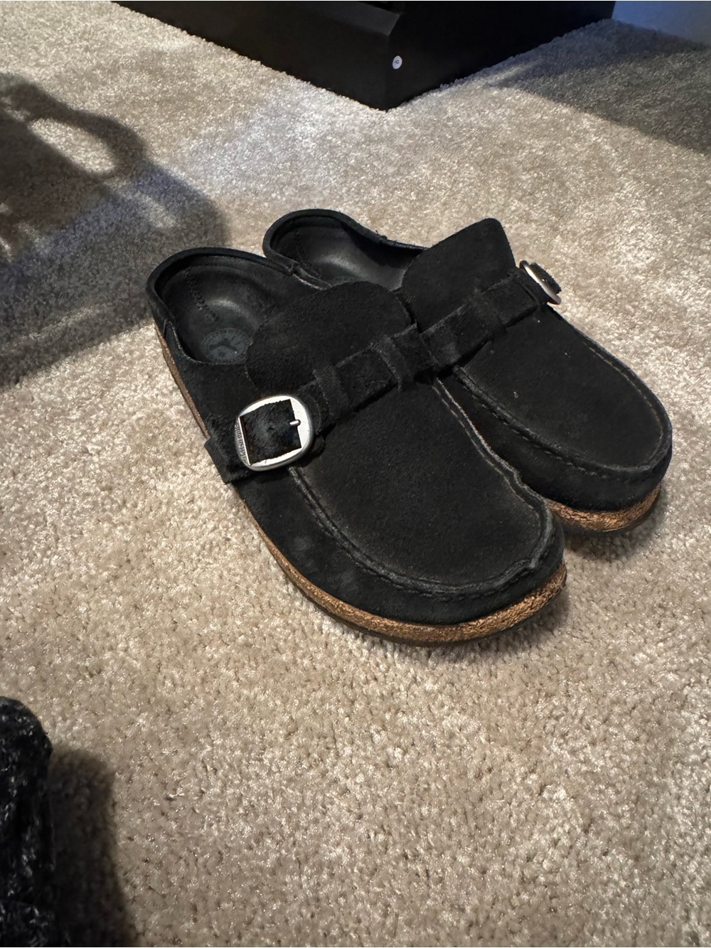 Birkenstock Black Suede Slip-On Buckle Clogs
